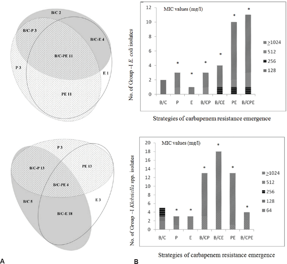 (A) Venn diagram showing the prevalence of various strategies in carbapenem resistance emergence. Numerical after abbreviations for individual strategies indicate the number of isolates exhibiting that strategy. (B) Contribution of various strategies in carbapenem resistance emergence [as indicated by the minimum inhibitory concentration (MIC) value ranges]. *indicates significant changes in (MIC) values when compared to B/C strategy (P<0.01 for one-way ANOVA with post hoc Tukey' honestly significant difference test P<0.01). B/C, ESBL/ Carbapenemases; P, porin loss; E, efflux pump's upregulation; CP, carbapenemase expressing isolates with porin loss; CE, carbapenemase expressing isolates with efflux pump's upregulation; PE, both porin loss and efflux pump's upregulation; CPE, carbapenemase expressing isolates with both porin loss and efflux pump's upregulation.
