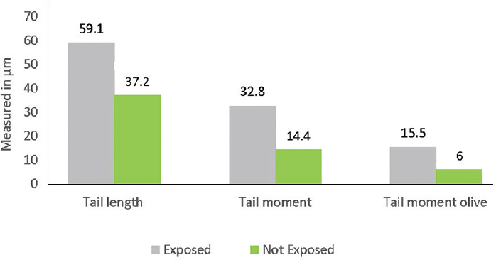 DNA damage, measured by length in μm of tail length, tail moment and tail moment olive parameters of the comet assay of exposed (n=43) and not exposed (n=41) populations.