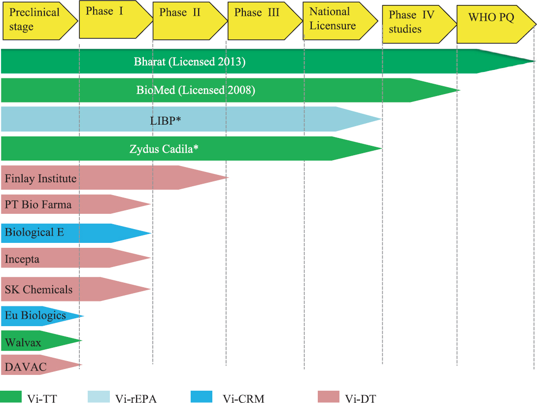 Typhoid conjugate vaccine pipeline: Different licensed and candidate typhoid conjugate vaccines in various phases of development and licensure. *Under review for national licensure. WHO PQ, WHO pre-qualification; LIBP, Lanzhou Institute of Biological Products Co. Ltd., PR China; Vi-TT, Vi conjugated with tetanus toxoid; Vi-rEPA, Vi recombinant exoprotein antigen; Vi-CRM, Vi conjugated with cross reacting material; Vi-DT, Vi conjugated with diphtheria toxoid. Source: Adapted from Ref. 20.