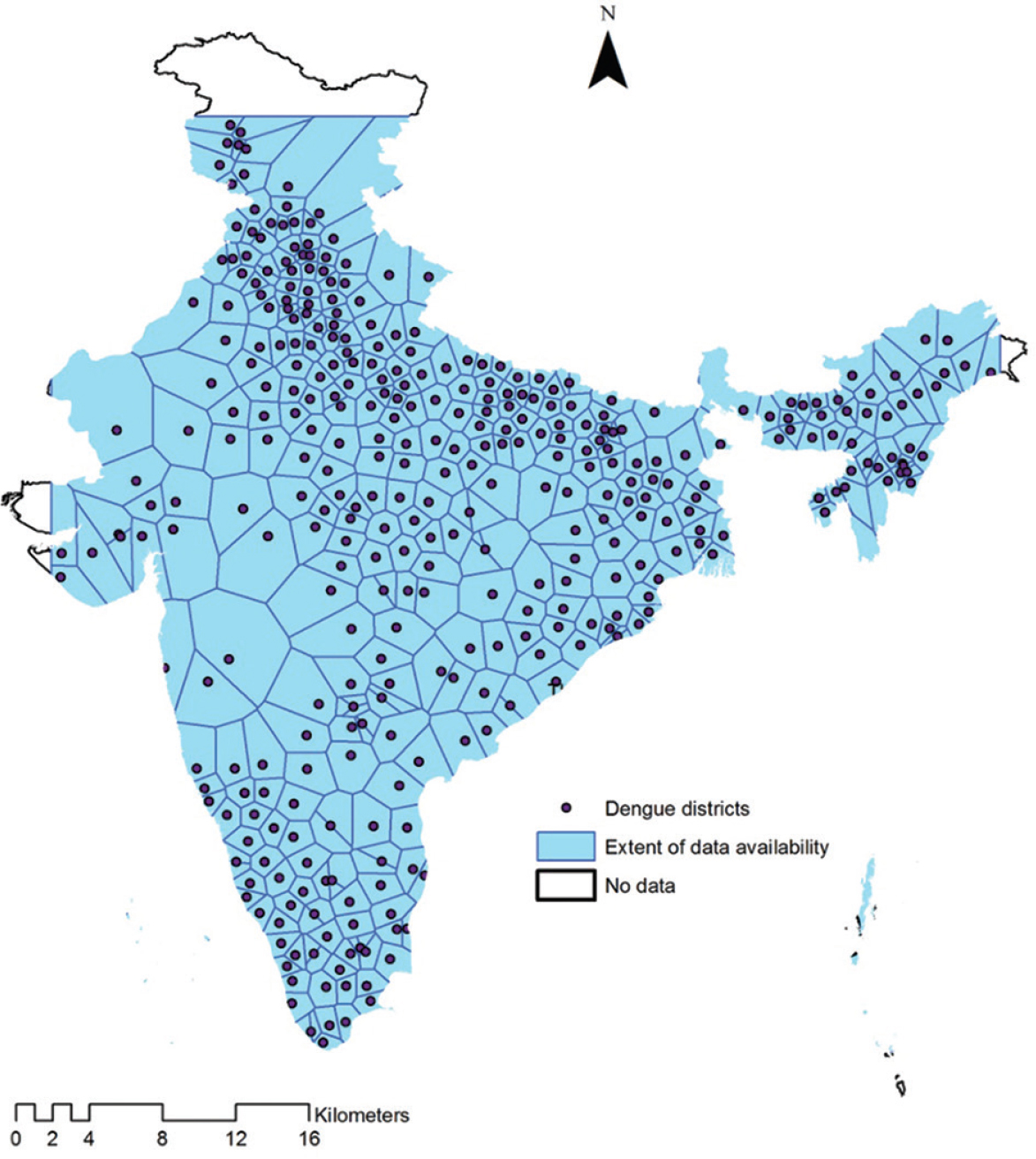 Thiessen polygons for suspected dengue fever reported by the Virus Research and Diagnostic Laboratories in 402 districts across Indian States, 2017.