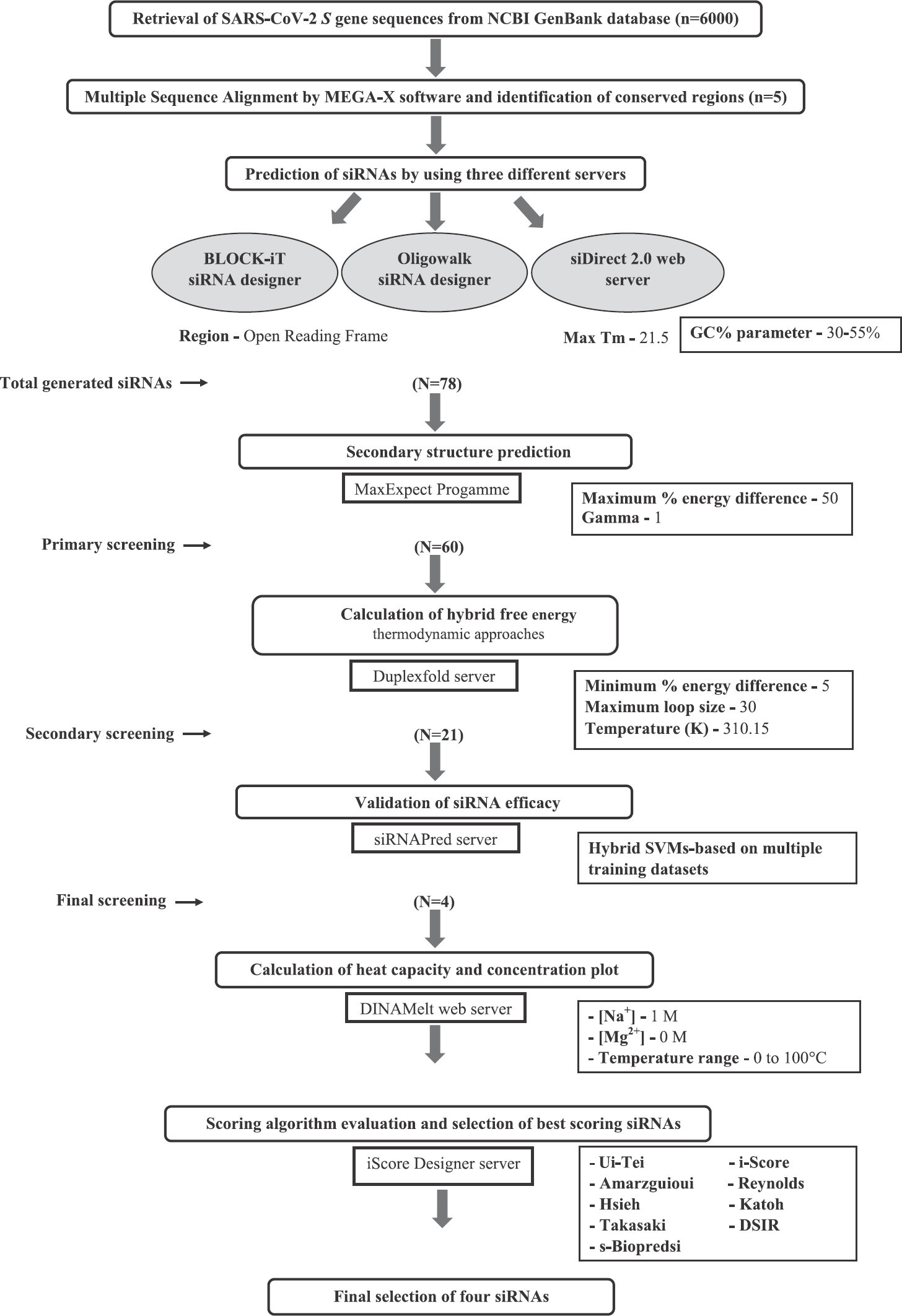 Flow chart for prediction of potential small interfering RNAs (siRNAs) against SARS-CoV-2 spike gene. The successive siRNAs screened and shortlisted by different servers is denoted by the values of ‘N’ in the bracket. Different parameters selected for the various softwares are indicated in the rectangular boxes towards the right.