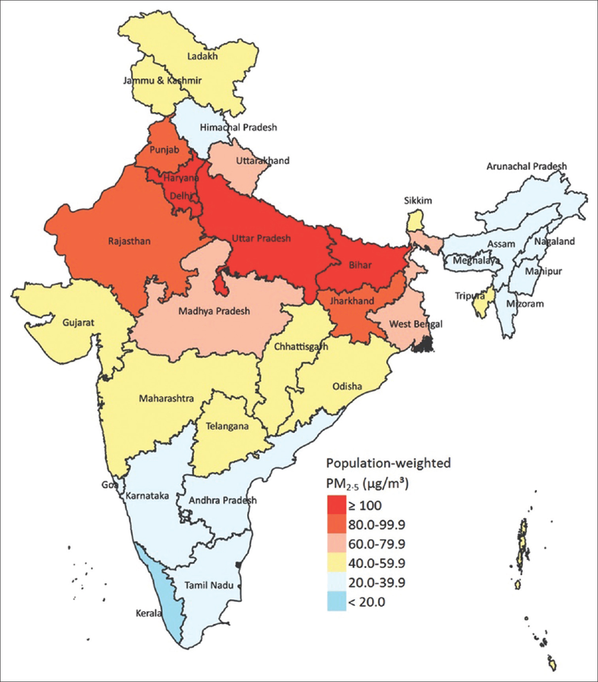 Annual mean ambient particulate matter <2.5 μm in size concentration levels in the States of India, 2019. Source: Adapted in part from Ref. 38 in accordance with the Creative Commons License (https://s100.copyright.com/AppDispatchServlet?publisherName=ELS&contentID=S2542519620302989&orderBeanReset=true&orderSource=Phoenix).