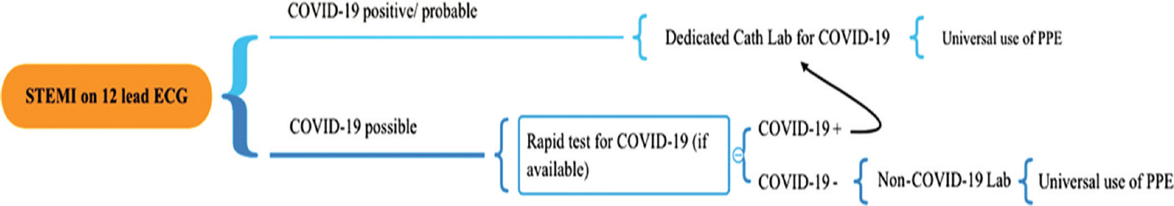 Management of STEMI during the COVID-19 pandemic. ECG, electrocardiography; PPE, personal protective equipment. Source: Ref. 35. [Case classification: COVID-19 positive: any person meeting the laboratory criteria (reverse transcription-polymerase chain reaction positive for SARS-CoV-2); COVID-19 possible: any person meeting the clinical criteria (cough, fever, shortness of breath and sudden onset of anosmia, ageusia or dysgeusia) and COVID-19 probable case: any person meeting the clinical criteria with an epidemiological link or any person meeting the diagnostic criteria]66.