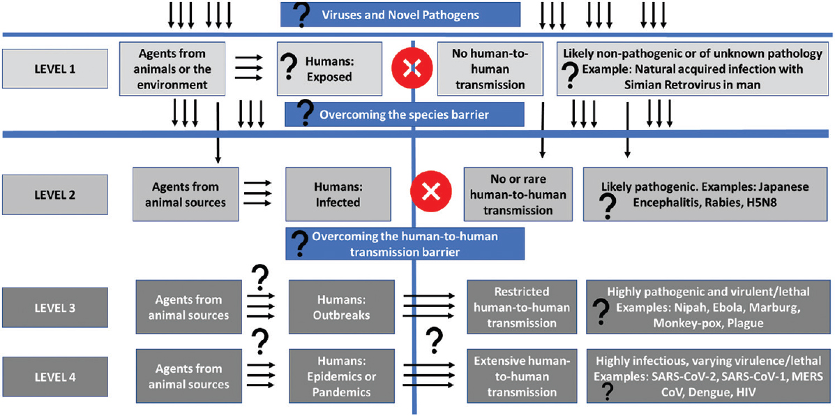 Using the “pathogen pyramid” schematic to identify the potential “unknown unknowns” in the emergence of novel infectious disease agents; Levels of “unknown unknowns” indicated by question marks. Source: Refs 2021.