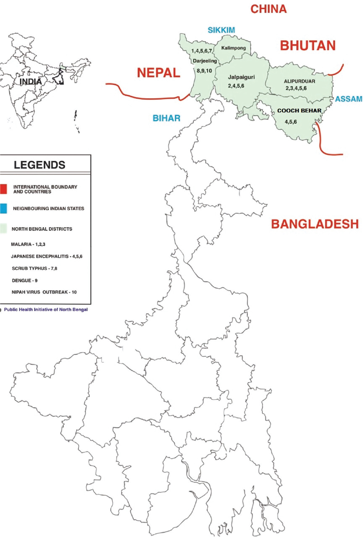 Map of West Bengal State of India showing outbreak-prone northern districts. Source: Reproduced with permission (https://drive.google.com/file/d/1CcvTlnFnqFGjOyZGFaDqhJYqtHhDNq3V/view?usp=sharing).