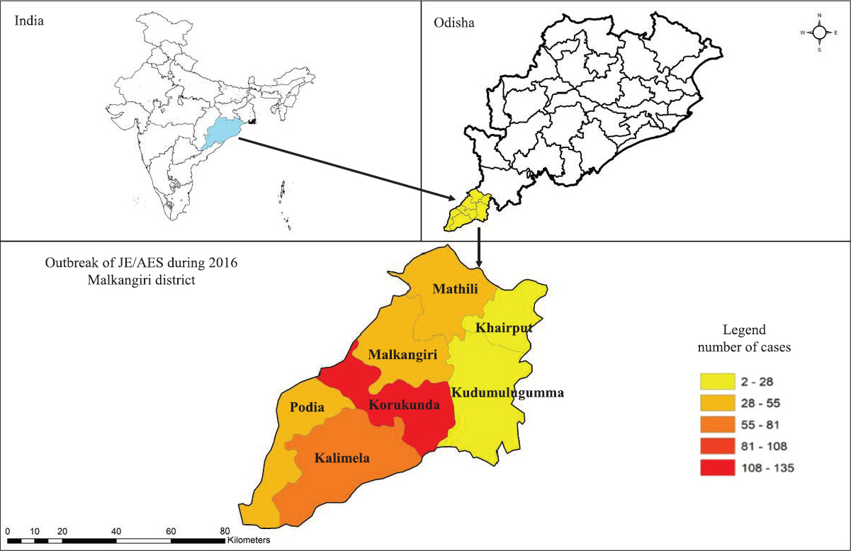 Mapping of Japanese encephalitis/acute encephalitis syndrome outbreak in Malkangiri district during 2016. Source: National Vector Borne Disease Control Programme; State Task Force cum review meeting for Odisha. Map generated in QGIS version 3.8.