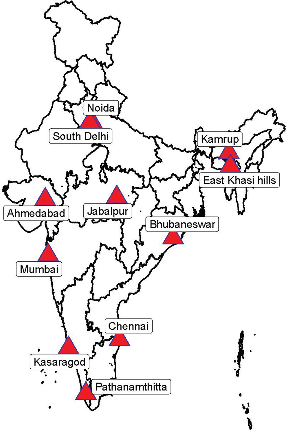 Map showing study sites (Note: Map not to scale). The map was developed using ArcGIS version 10.7.1 (Licenced to ICMR-National Institute for Research in Tuberculosis, Chennai, India) using the geo-referenced data.