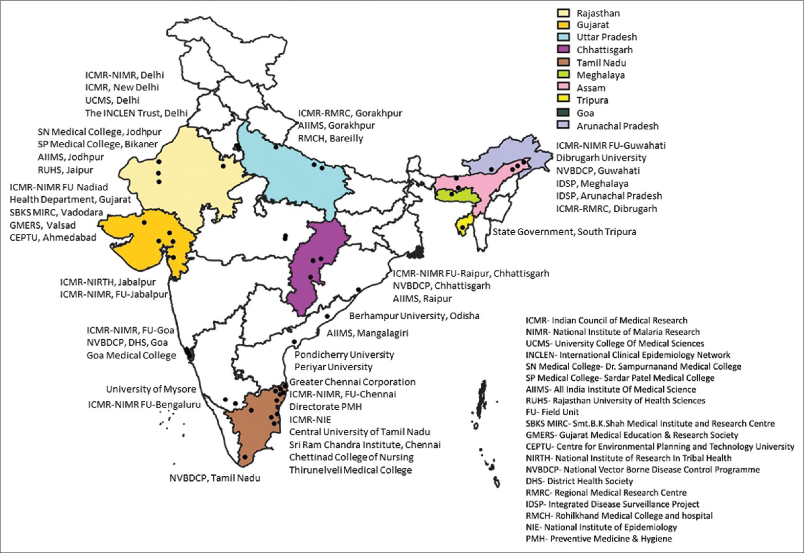 Map showing the participating institutes and the geographical sites of approved studies being rolled out in the first year.