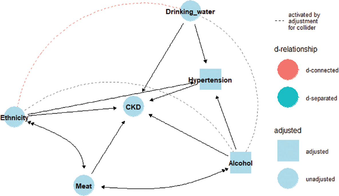 Direct Acyclic Graph (DAG) explaining the relationship of various factors associated with chronic kidney disease (CKD).
