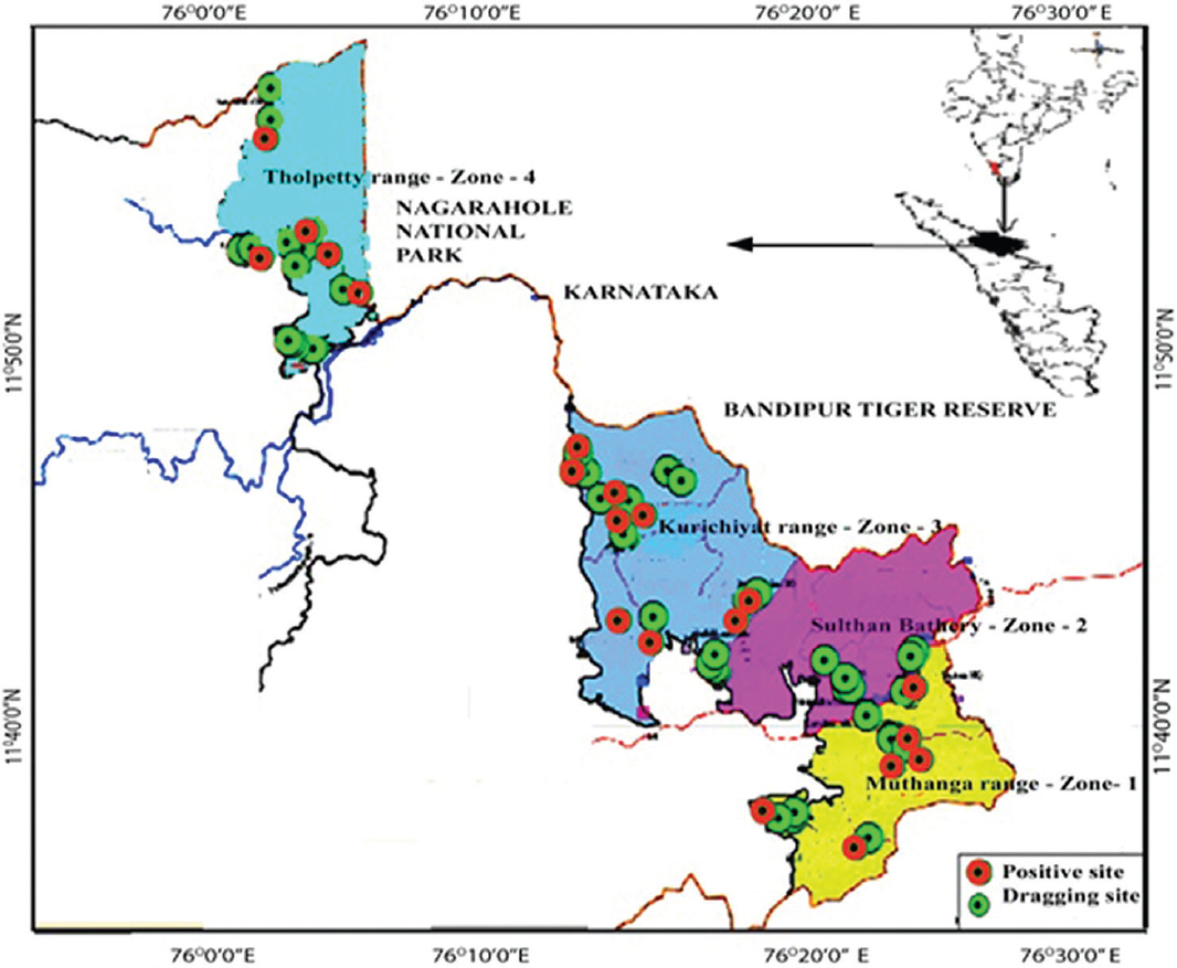 Spatial distribution map of host-seeking nymphal ticks in four forest ranges of Wayanad district. 1. Muthanga (Zone 1), 2. Sulthan Bathery (Zone 2), 3. Kurichiyat (Zone 3) and 4. Tholpetty (Zone 4), forest ranges from which obtained tick samples has been highlighted in different colours. The location of the positive sample for Kyasanur forest disease is marked with a red colour. Source: Kerala forest department, Sulthan Bathery, Wayanad district, Kerala.