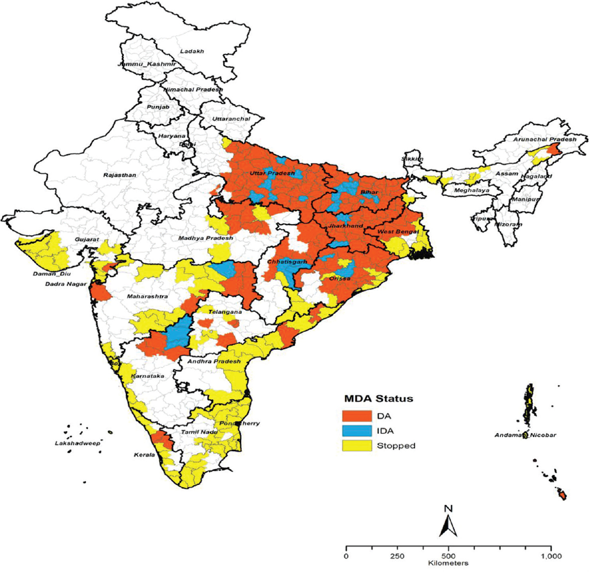 Lymphatic filariasis endemic districts in India indicating their MDA (mass drug administration) status as on 2021. DA, districts with DEC and albendazole; IDA, districts with ivermectin, DEC and albendazole; Stopped, districs where the MDA stopped.