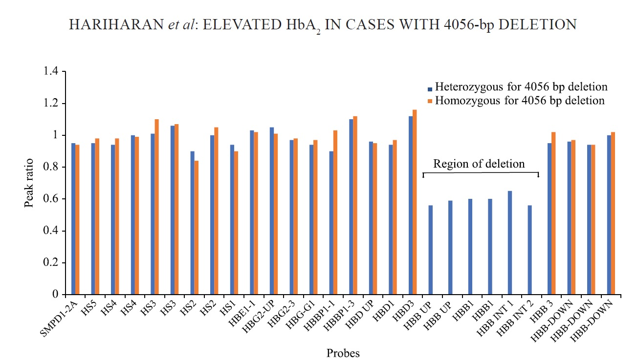 MLPA analysis of two different patient samples. β-globin cluster showing genomic regions showing 4056 bp deletion in heterozygous (blue) and homozygous (red) patients. The Y axis represents the probe dosage ratio and the X axis represents the MLPA probes. MLPA, Multiplex ligation-dependent probe amplification.