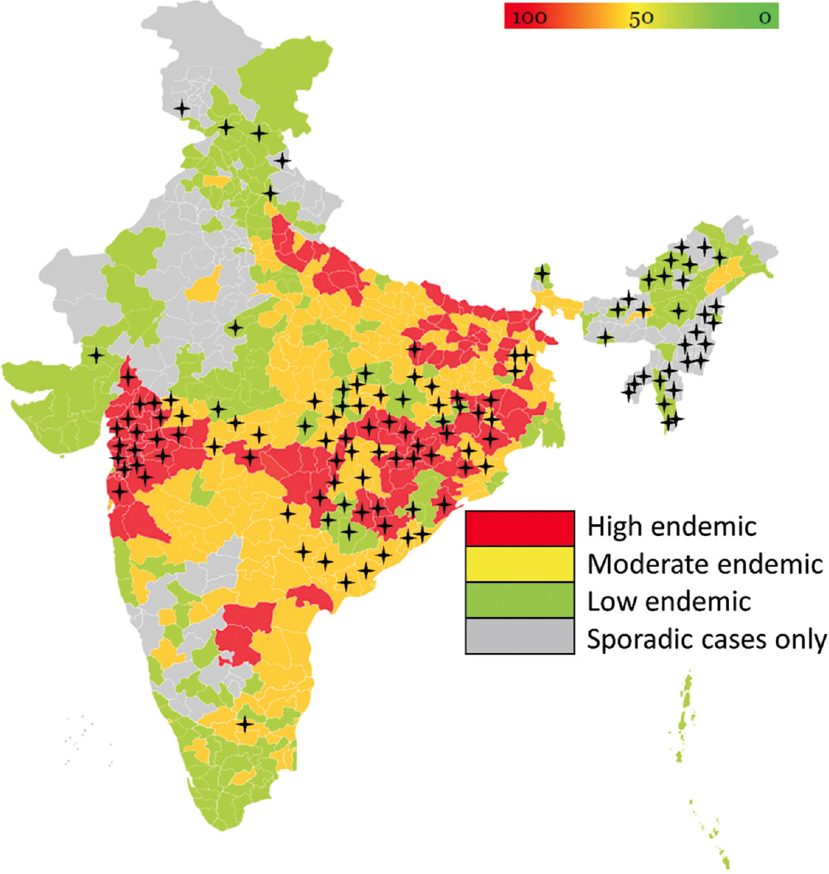 Comparison of leprosy endemicity between tribal districts vs. non-tribal districts in India from 2008-2018 (NLEP 2019). ‘+’ denotes the tribal district. The map was constructed using gramener (https://gramener.com/indiamap/). NLEP, National Leprosy Eradication Programme