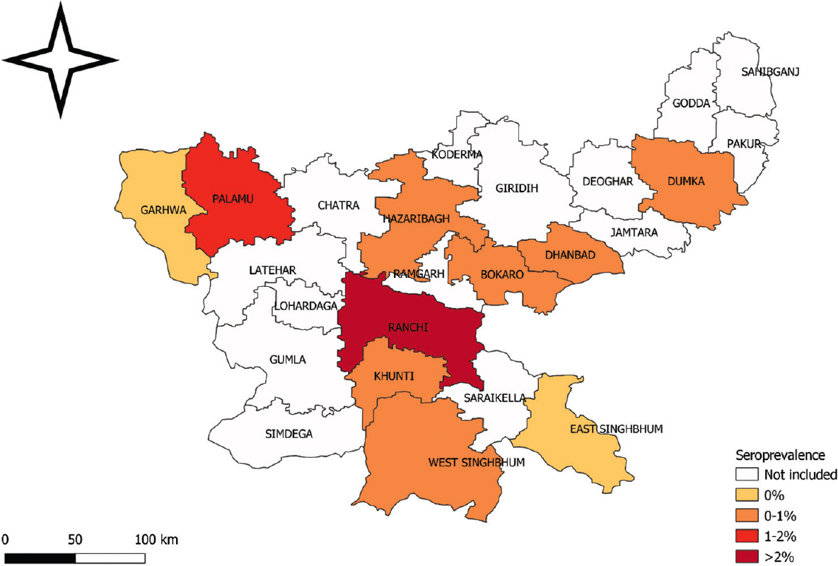 Jharkhand seroprevalence in round 1 (Source: QGIS v3.10, https://www.qgis.org/en/site/).