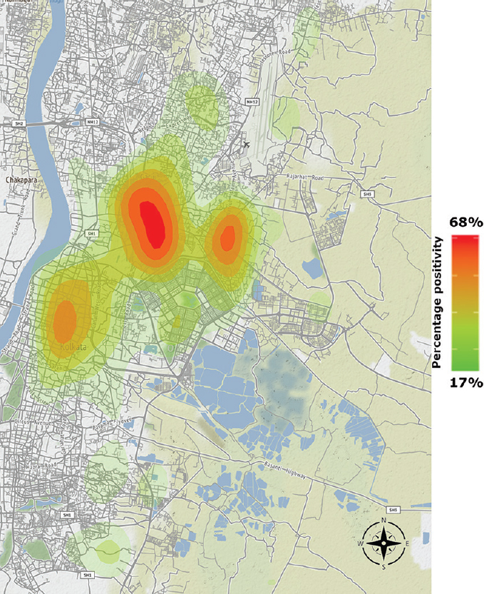 Heat map showing the distribution of dengue cases in and around Kolkata during 2016-2019.