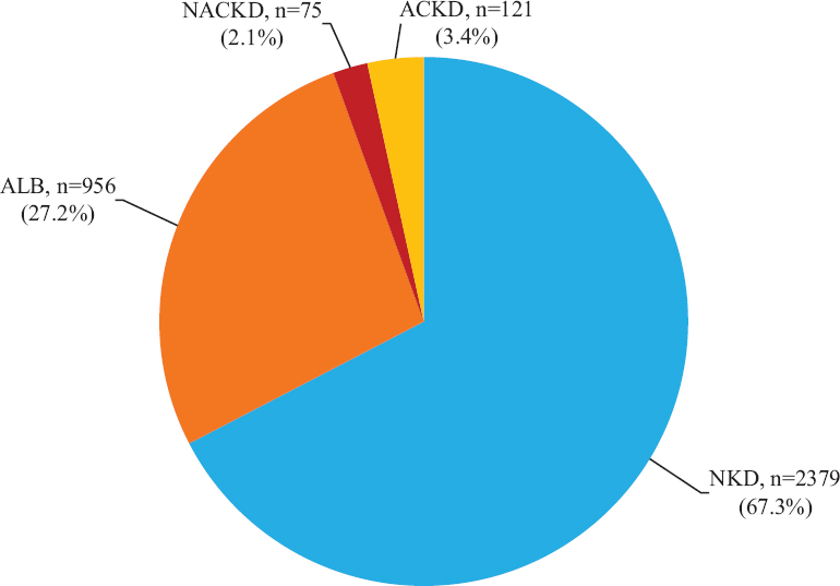 Categories of diabetic patients according to the presence of albuminuria and/or e-GFR <60 ml/min/1.73 m2. e-GFR, estimated glomerular filtration rate