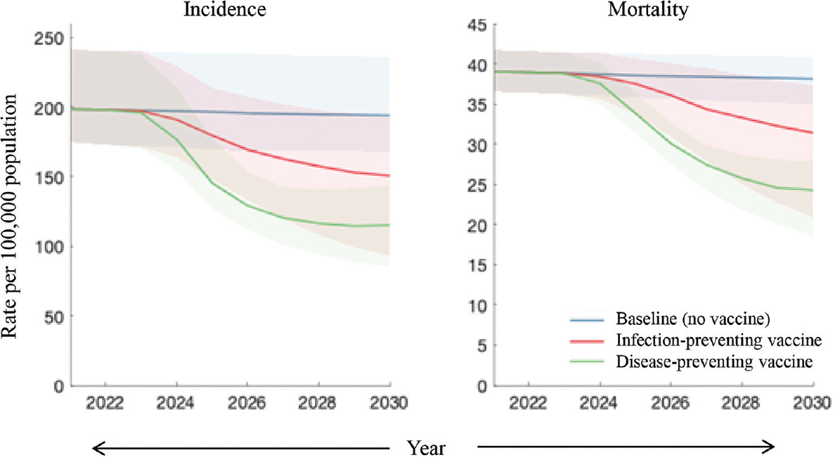 Comparison of different types of vaccine effects. Shown are the scenarios of an infection-preventing vaccine (red) and a disease-preventing one (green). In both cases, the following assumptions were made: vaccine efficacy of 50 per cent; sufficient vaccination coverage to cover 50 per cent of the unvaccinated population each year and moreover that vaccine-induced immunity lasts for 10 yr on an average.