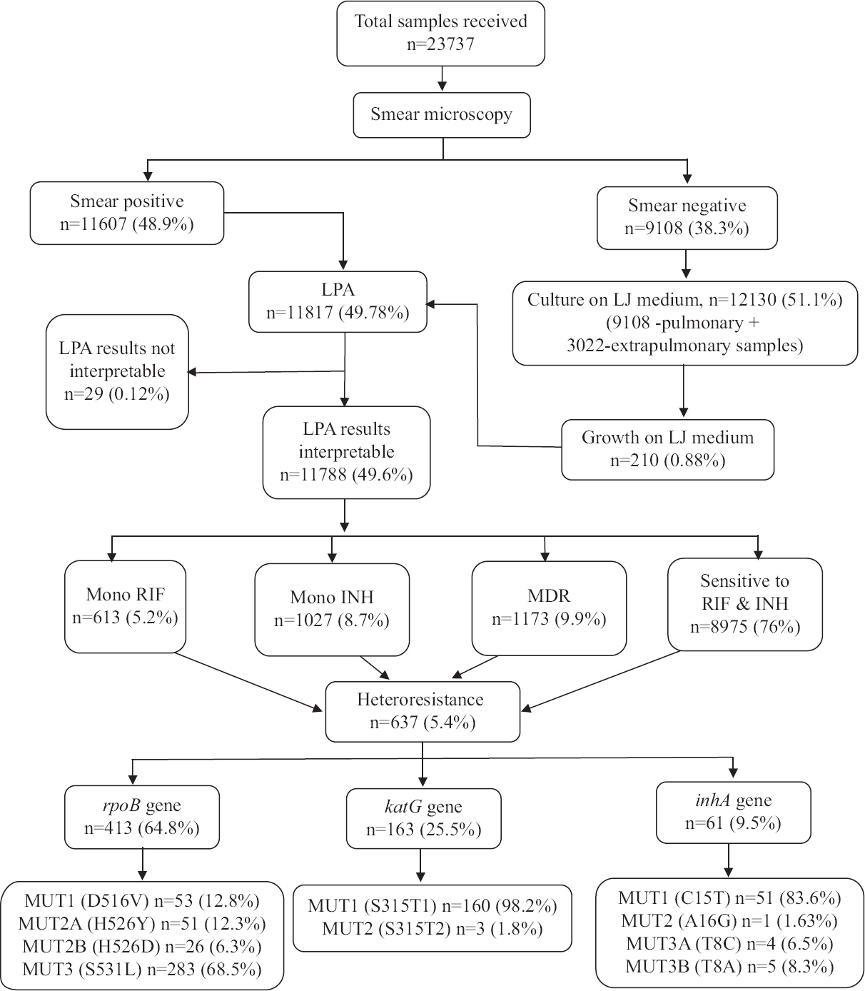 Flow diagram of study samples. LJ medium: Löwenstein-Jensen medium; LPA: line probe assay; Mono RIF: resistance to rifampicin only; Mono INH: resistance to isoniazid only; RIF: rifampicin; INH: isoniazid