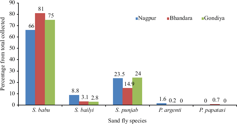 Species distribution of sandflies in Nagpur, Bhandara and Gondiya districts.