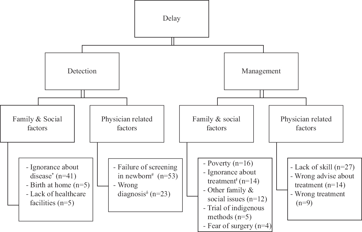 Various causes of delay in the DDH management pathway. *No suspicion by parents until child started walking. ꬷDelay of greater than or equal to six months between suspicion and first consult. #DDH not diagnosed at birth in hospital deliveries. δDDH not diagnosed at first consult. DDH, developmental dysplasia of hip