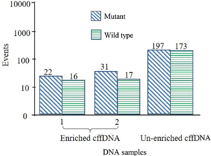 Box plot of the MIB-positive sample tested with the maternal IVS1-1 G→T ddPCR assay, exhibiting the formulated diagnosis of IVS1-1 G→T homozygosity. ddPCR, droplet digital PCR; MIB, maternally inherited β-thalassaemia mutation