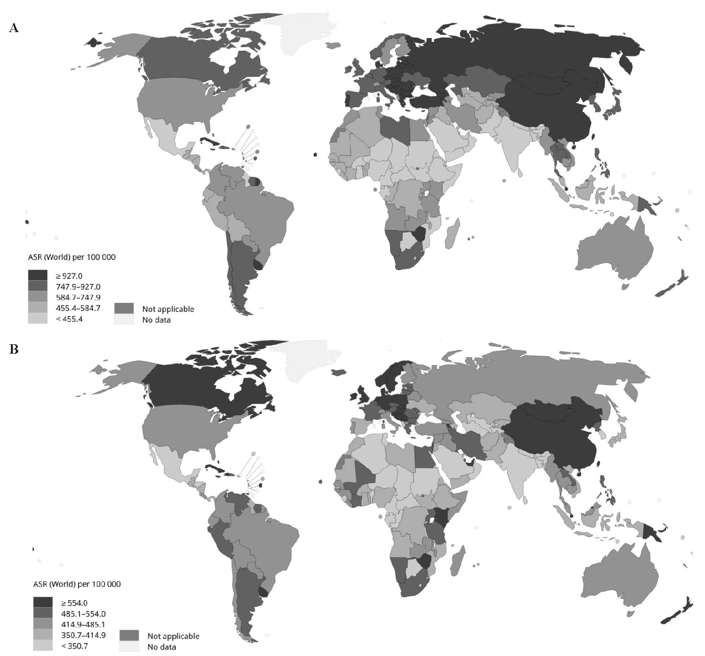 Estimated age-standardized mortality rates worldwide for all cancer sites combined (excluding NMSC) in older adults aged 60 yr and older (per 100,000 populations) in (A) males, and (B) females. Source: GLOBOCAN 2020 (gco.iarc.fr).