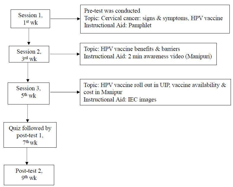 Flowchart of health educational intervention. HPV, human papillomavirus; UIP, universal immunization programme; IEC, information education communication; wk, week.