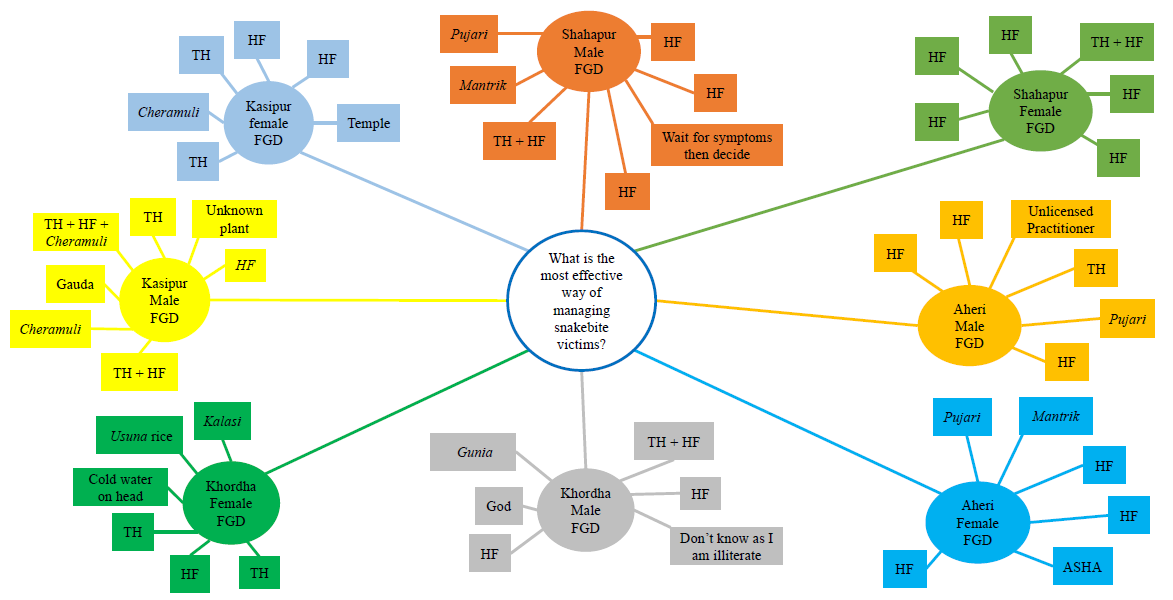 Different perspectives regarding effective method for the management of snakebites among male and female respondents in selected FGDs in the study blocks. Note: Cheramuli, a medicinal plant; Usuna, a local rice breed; Gunia, Pujari, Kalasi, Gauda, & Mantrik are different names of traditional healers using non-herbal ways for managing snakebite victims. HF, health facility; TH, traditional healer.