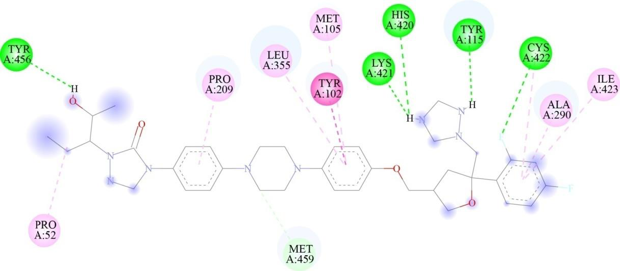 Two-dimensional representation of binding interactions of posaconazole with the CYP51 protein of L. major: conventional H-bonds (green), carbon H-bonds (light green), alkyl (pink), Pi-alkyl (purple), and Pi Pi stacking (magenta) interactions.