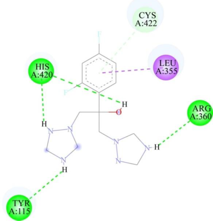 Two-dimensional representation of binding interactions of fluconazole with the CYP51 protein of L. major: green (conventional H-bond interaction), light green (Pi-Donor H-bond interaction), and purple (Pi Sigma interaction).