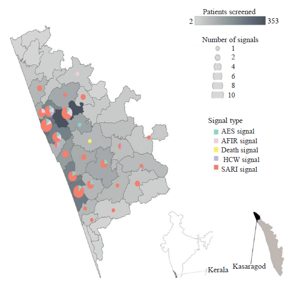 Residence of patients who triggered EBS signals, by local self-government unit, and signal triggered. Source: Map created with QGIS using open-source shape file of the district available with the district administration.